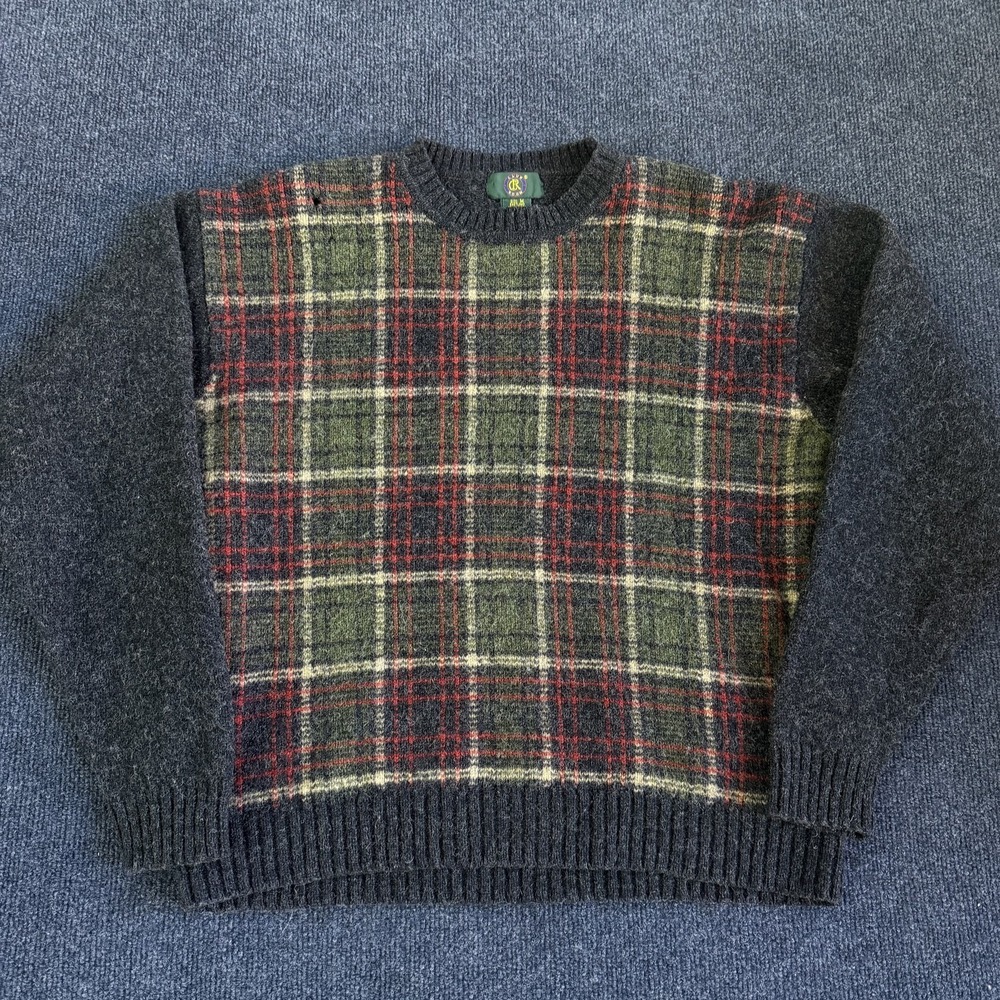 Shetland Wool Sweater Mens Medium Green Plaid Tight Knit Crewneck Pullover